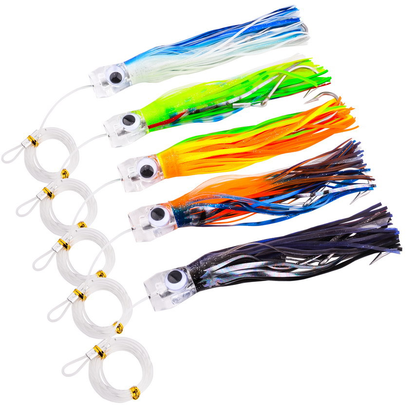 CHEERY 7.5in 9in Tuna Trolling Lures Mylar Flash Wings Reflective Acrylic Resin Head Soft Bait Offshore Fishing Saltwater Fish – Octopus Skirt – view 2