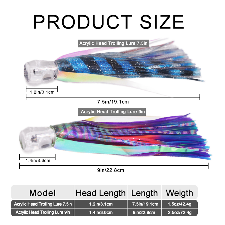 CHEERY 7.5in 9in Tuna Trolling Lures Mylar Flash Wings Reflective Acrylic Resin Head Soft Bait Offshore Fishing Saltwater Fish – Octopus Skirt – view 4