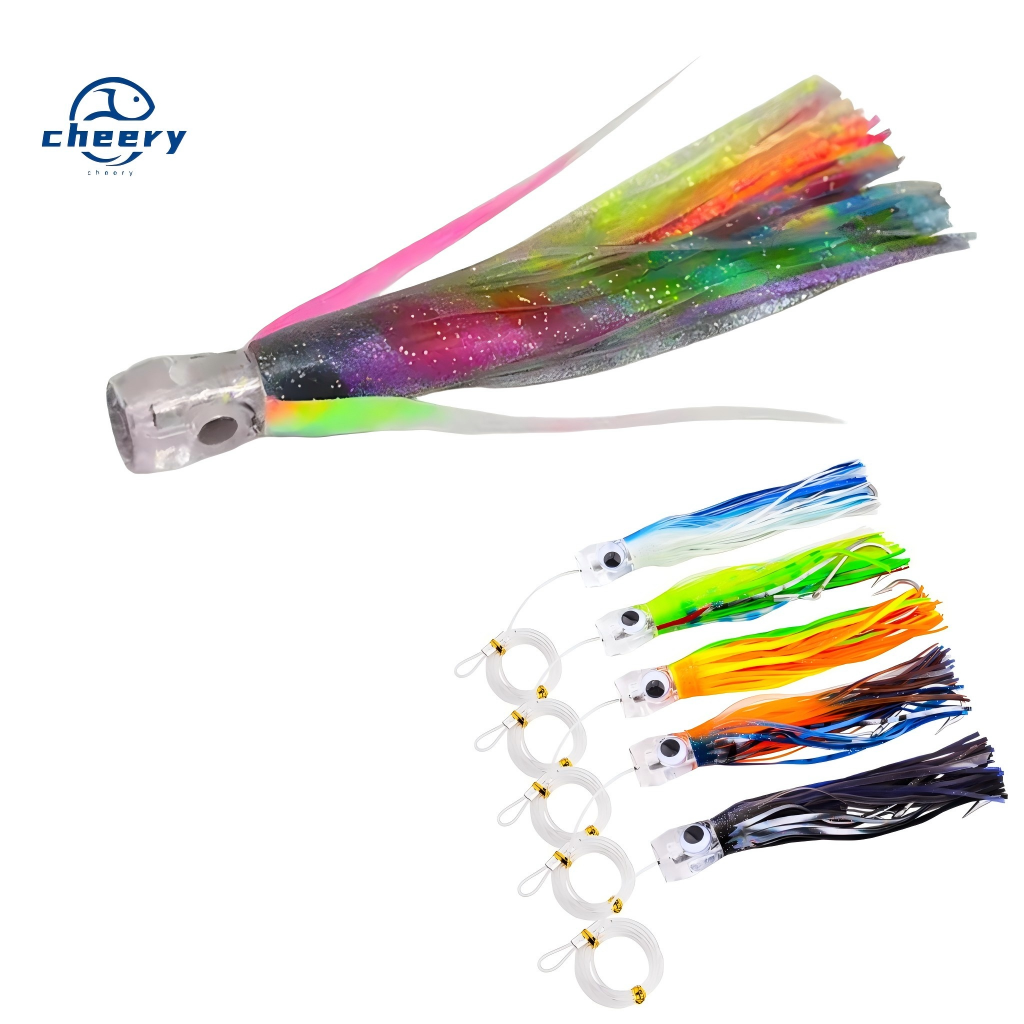 CHEERY 7.5in 9in Tuna Trolling Lures Mylar Flash Wings Reflective Acrylic Resin Head Soft Bait Offshore Fishing Saltwater Fish – Octopus Skirt – view 1