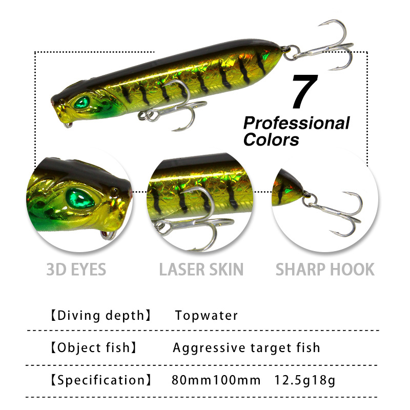 Premium Topwater Popper Bass Fishing Lure 80mm 12.5g & 100mm 18g Crank Bait Realistic Fish Attracting Carp – Popper – view 2