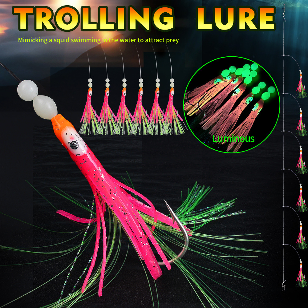 Cheery Luminous 14.5g 180cm Trolling Lure Fishing Hooks 6pcs Octopus Rig Artificial Soft Bait Made of Rubber and PVC – Fishing Lure – view 2