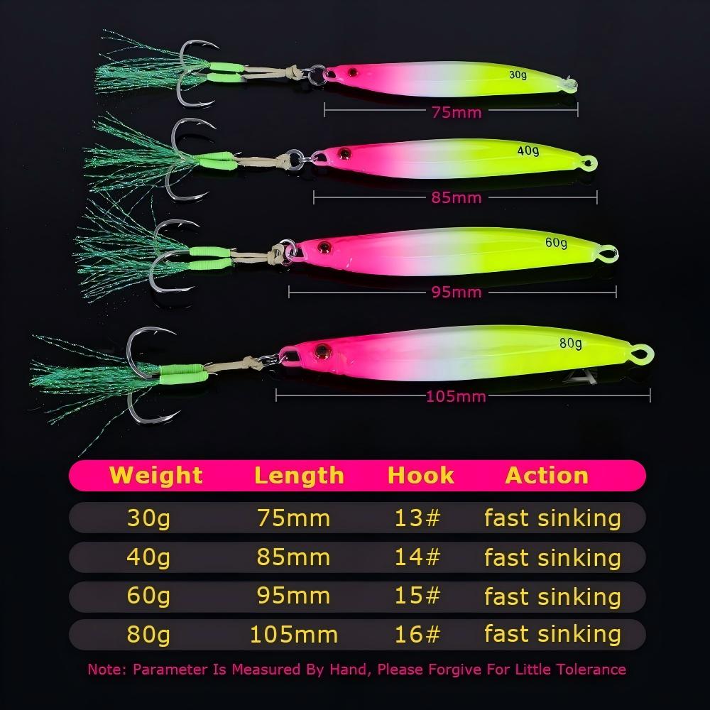 CHEERY High Quality Saltwater 30g 40g 60g 80g Colorful Lead Bait Luminous Jig Slow Metal Jigs With Auxiliary Hook Jigging Lure – Metal Lure – view 3