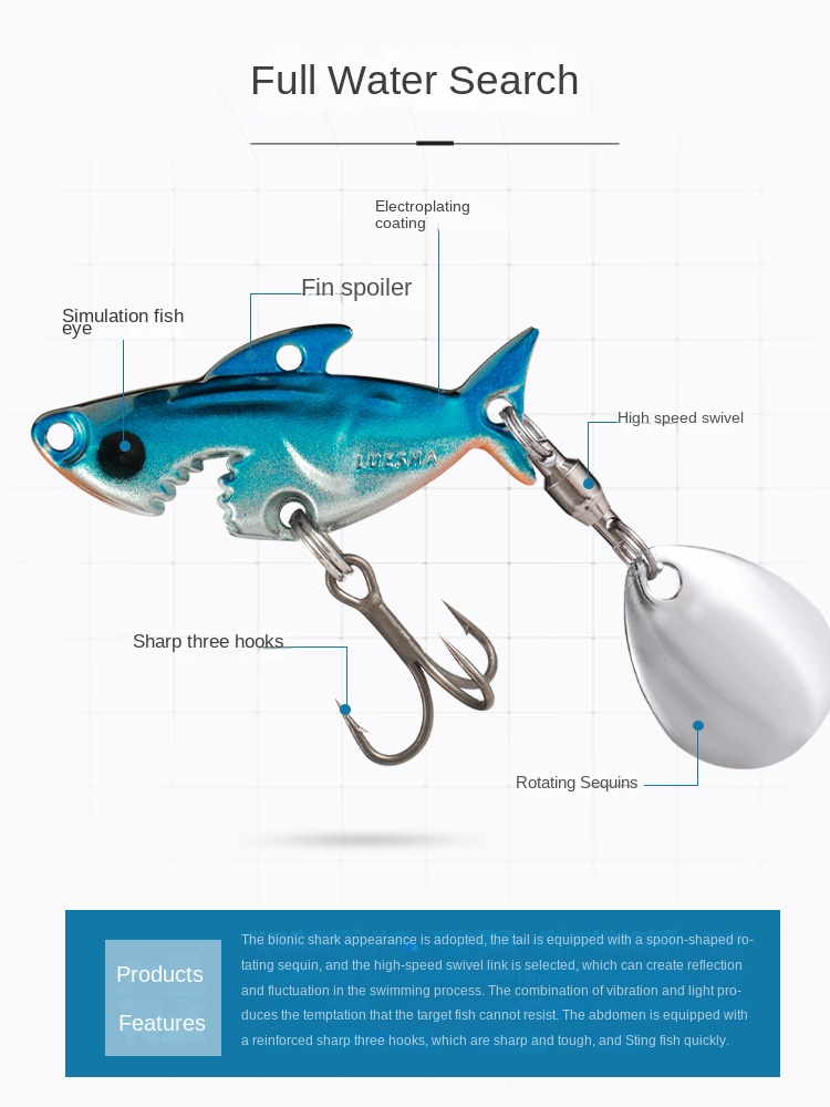 Cheery Skimming Shark Whirlwind Bait Bionic Bass Lures Big-Mouth Iron Plate Far-Cast Sequin Vib Metal False Bait for Bottom – Metal Lure – view 3