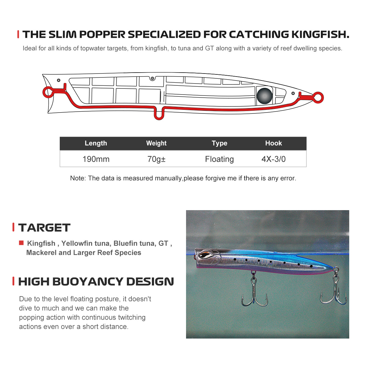 190mm 70g Saltwater Fishing Artificial Popper Bait Slim Lures Tuna Amberjack Kingfish Top Water Hard Lures – Popper – view 3
