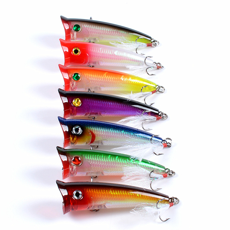 7.8cm 10.5g Fishing Hard Lure 7 Colors ABS Plastic Popper Lures Bionic Artificial Laser Baits Feather Hook Floating Bait – Popper – view 2