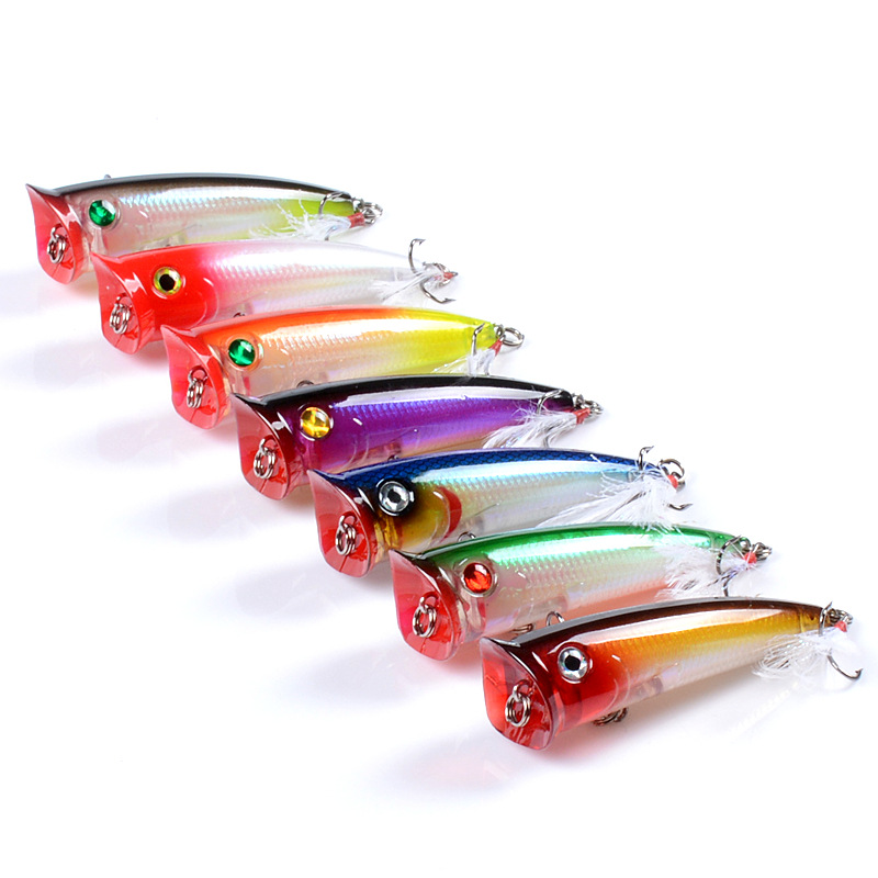7.8cm 10.5g Fishing Hard Lure 7 Colors ABS Plastic Popper Lures Bionic Artificial Laser Baits Feather Hook Floating Bait – Popper – view 3