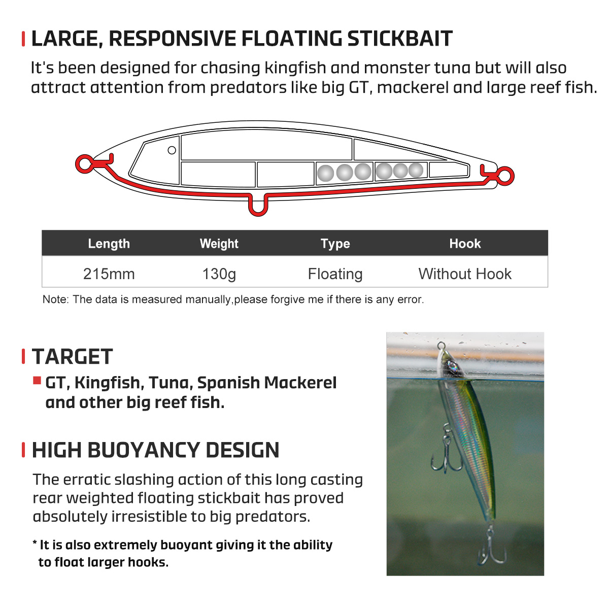 NOEBY 215mm/128g Floating Fishing Lure Diving Stickbaits Saltwater Big Game Fishing Lures – Pencil – view 5