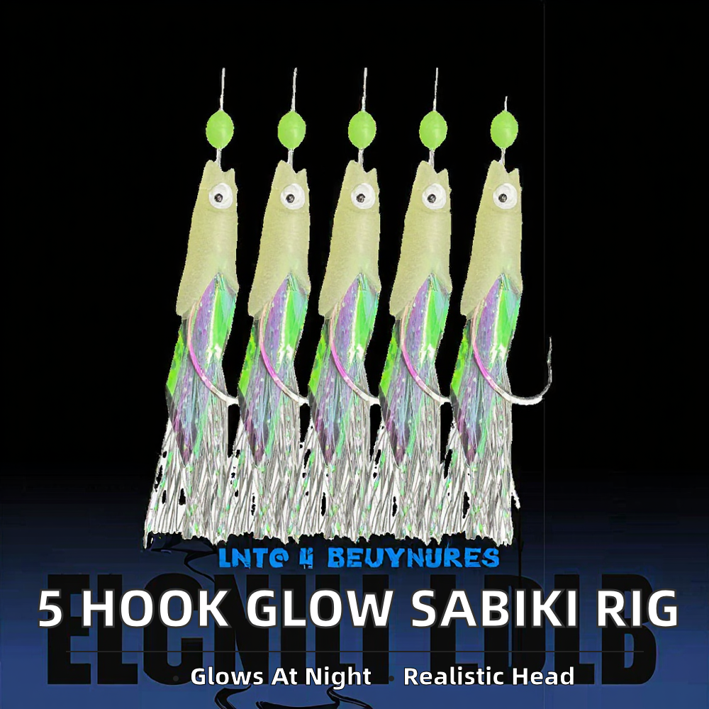 5 Hooks Plastic Sabiki Rigs Saltwater Fishing Lures Bait Rigs Real Fish Head String Hook Mackerel Glow Dark Flash – Soft Lure – view 2