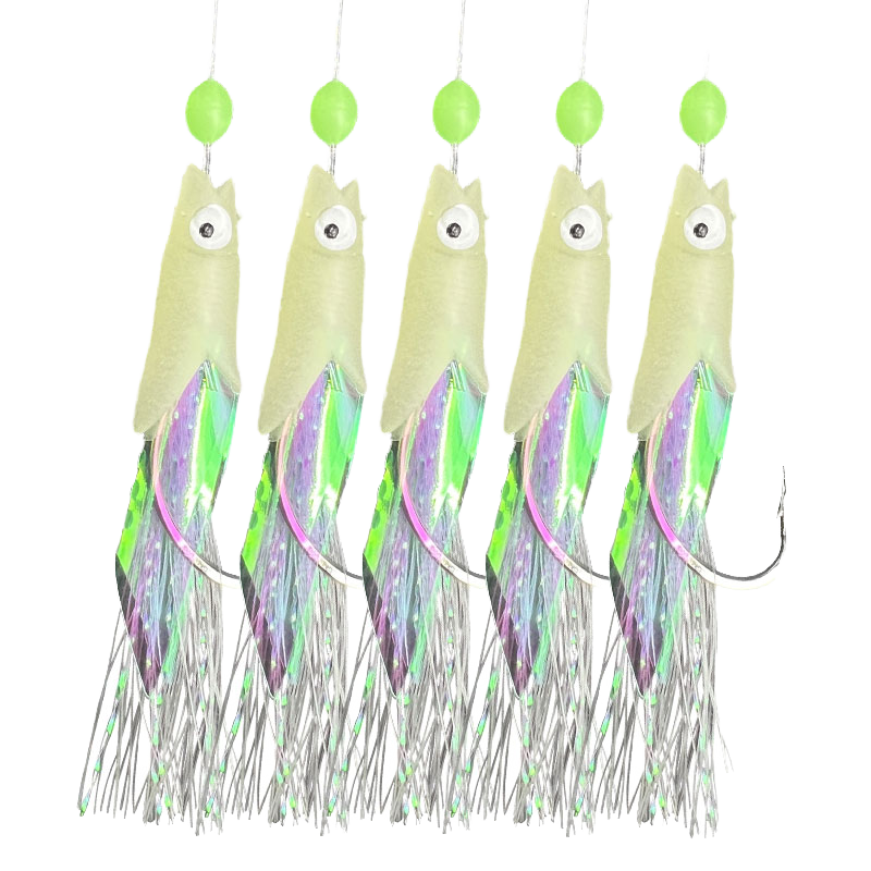 5 Hooks Plastic Sabiki Rigs Saltwater Fishing Lures Bait Rigs Real Fish Head String Hook Mackerel Glow Dark Flash – Soft Lure – view 4