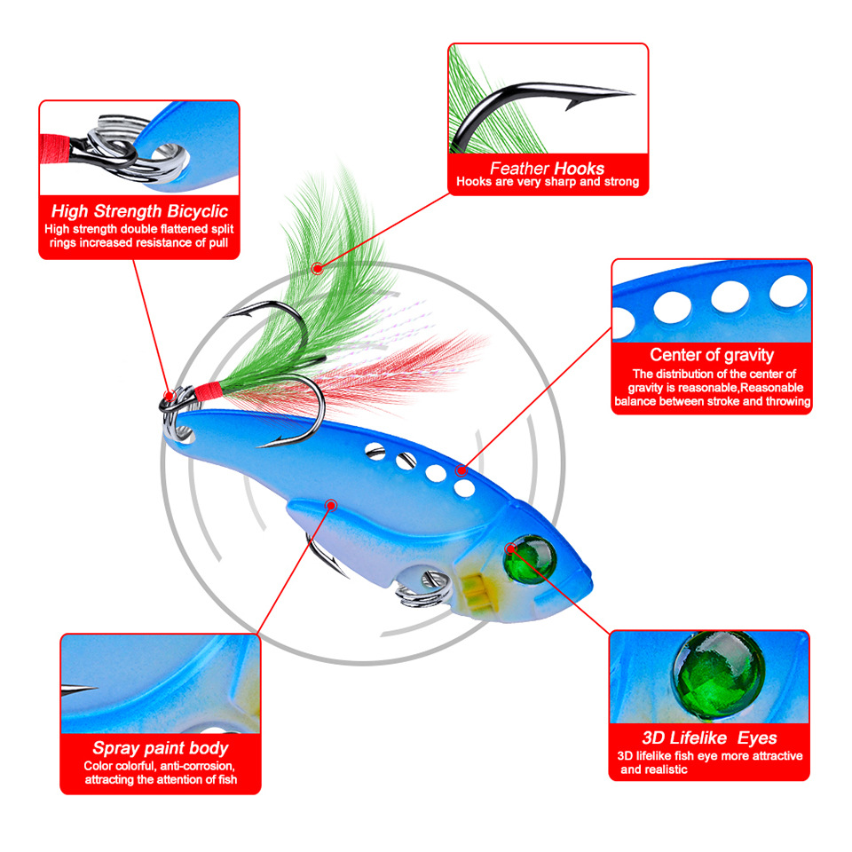 CHEERY 55mm 11gram Sink Vib Fishing Spinner Bait Blades 8 Color Meta Lure for Largemouth Trout for Ocean Boat River Lake Fishing – VIB – view 3
