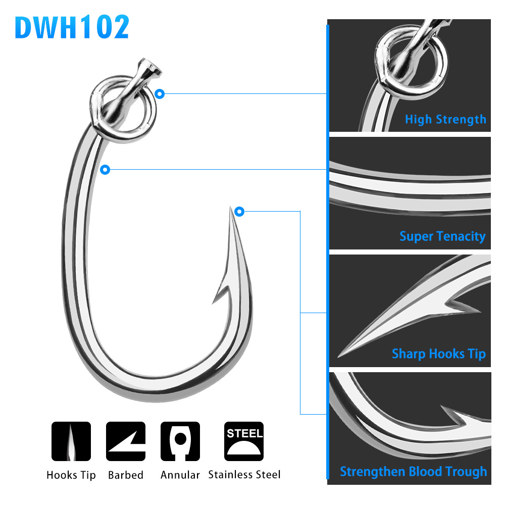 CHEERY 5pcs/bag Stainless Steel Bass Fishing Hook Big Game Freshwater Barb Hook with Ring 10/0-16/0 – Fishhook – view 3