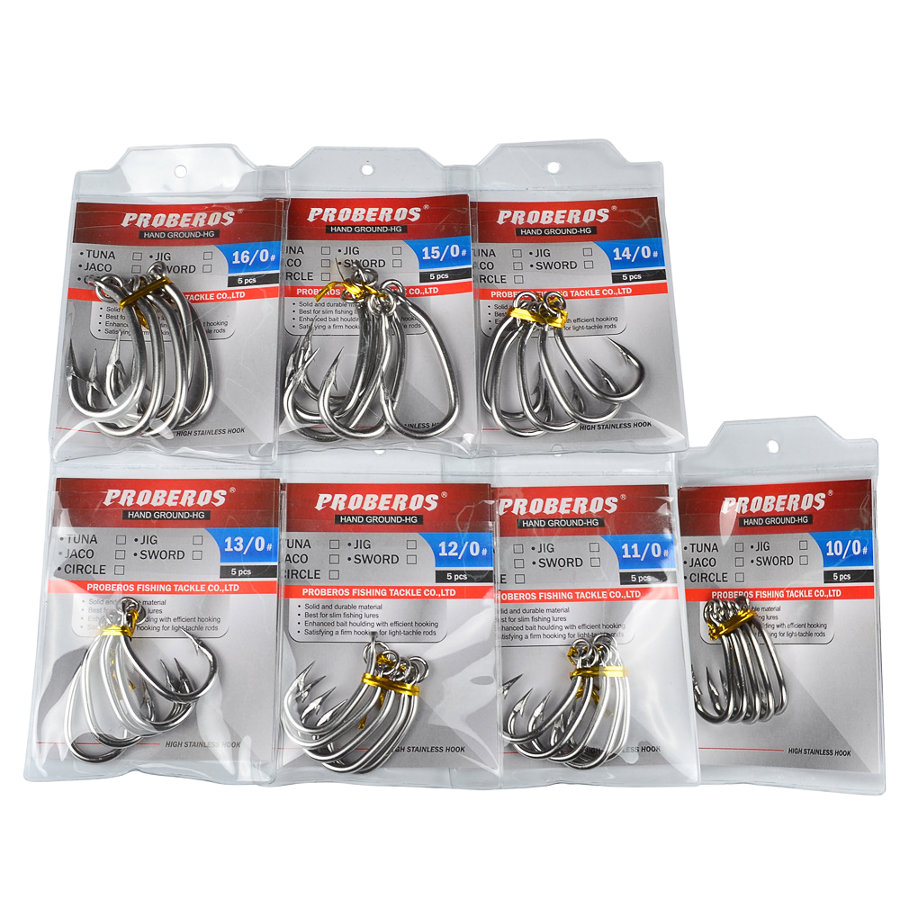 CHEERY 5pcs/bag Stainless Steel Bass Fishing Hook Big Game Freshwater Barb Hook with Ring 10/0-16/0 – Fishhook – view 5