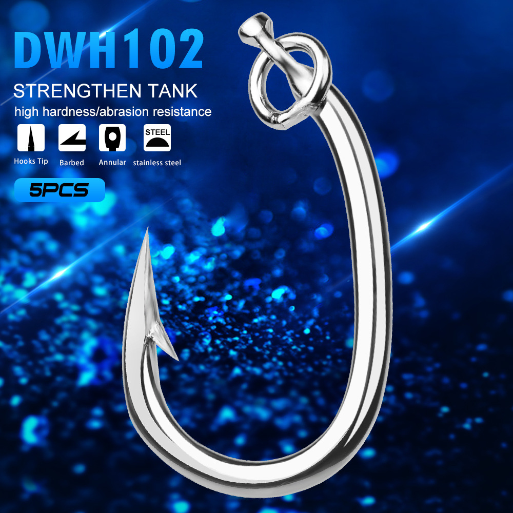 CHEERY 5pcs/bag Stainless Steel Bass Fishing Hook Big Game Freshwater Barb Hook with Ring 10/0-16/0 – Fishhook – view 4