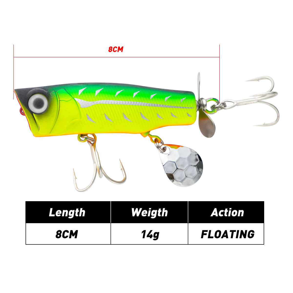 CHEERY 8cm 14g Long Cast Floating Popper Hard Lure with Twin Propellers, Freshwater Saltwater Bait for Bass Topmouth Culter – Popper – view 5