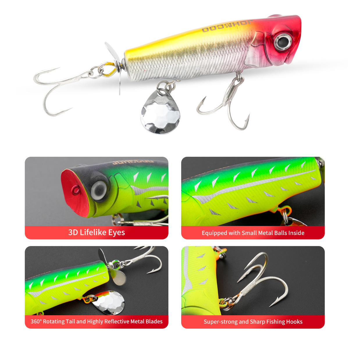 CHEERY 8cm 14g Long Cast Floating Popper Hard Lure with Twin Propellers, Freshwater Saltwater Bait for Bass Topmouth Culter – Popper – view 4