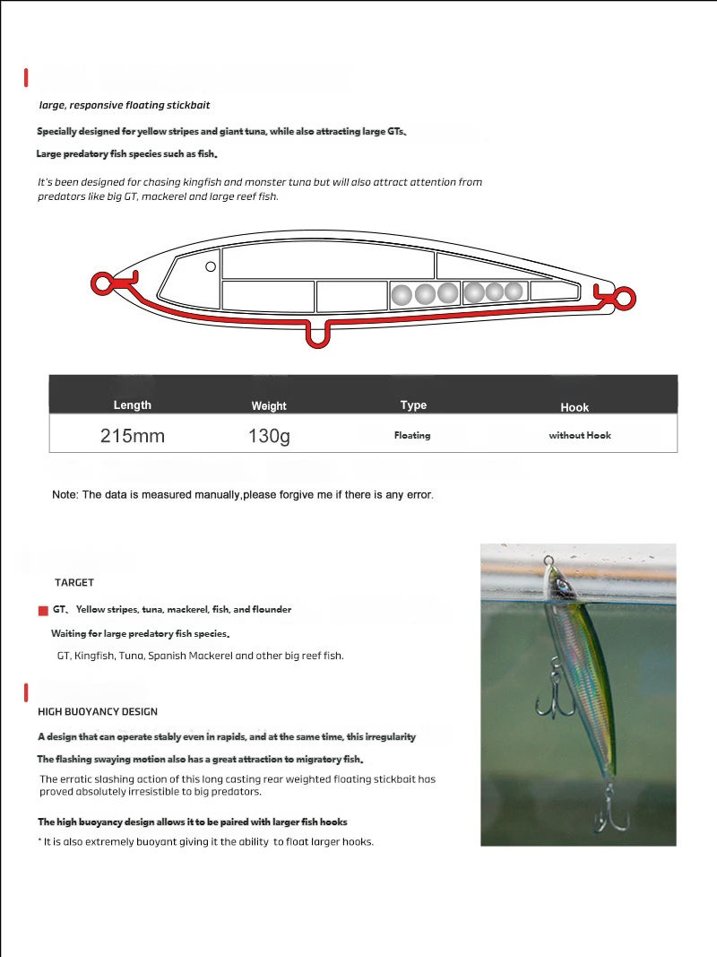 CHEERY 215mm 130g Metal Hard Bait Floating Pencil Surface Lure Ocean Boat Fishing River Lake Bass Tuna GT – Pencil – view 3