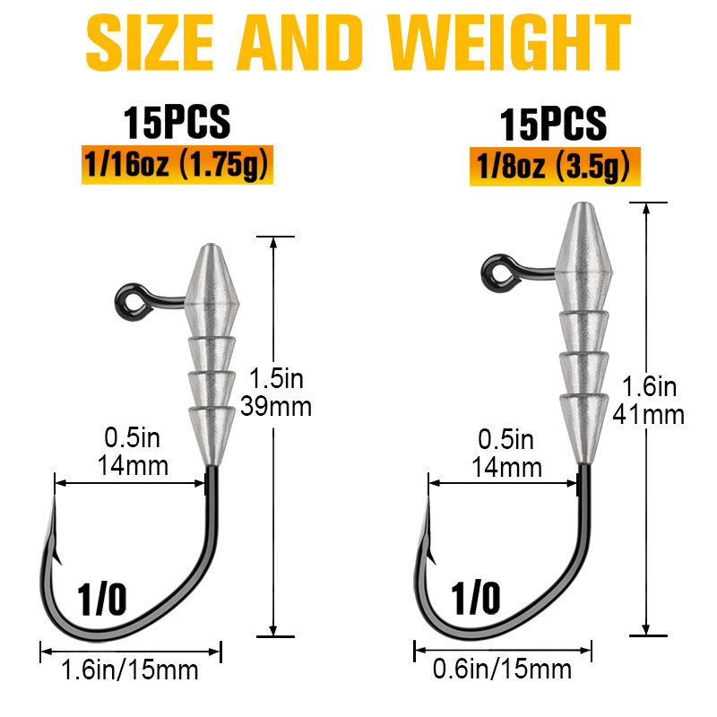 CHEERY 15pcs/bag Lead Jig Heads 1/0 Size Barbed Hooks for Catfish Bass Trout Saltwater & Freshwater Lure Fishing – Fishhook – view 2