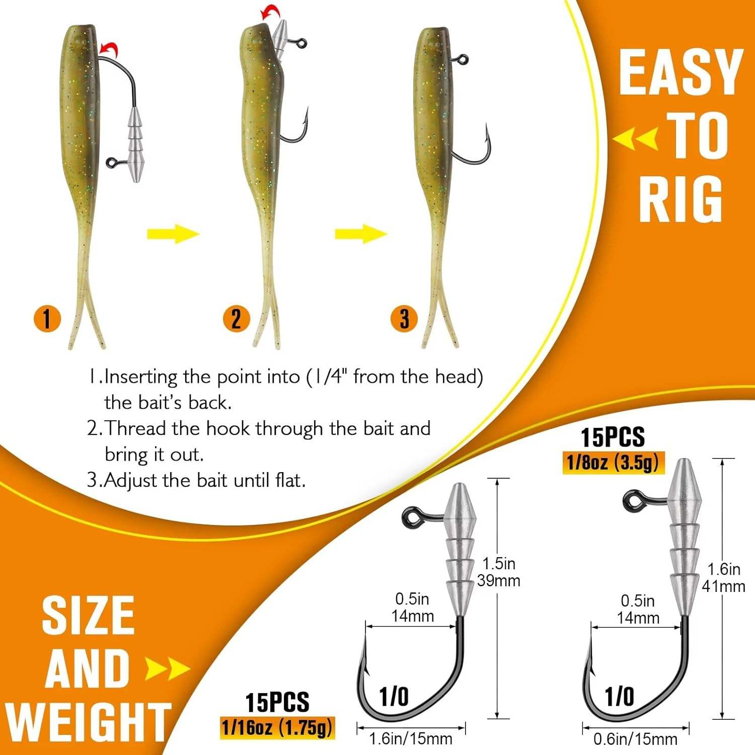CHEERY 15pcs/bag Lead Jig Heads 1/0 Size Barbed Hooks for Catfish Bass Trout Saltwater & Freshwater Lure Fishing – Fishhook – view 5