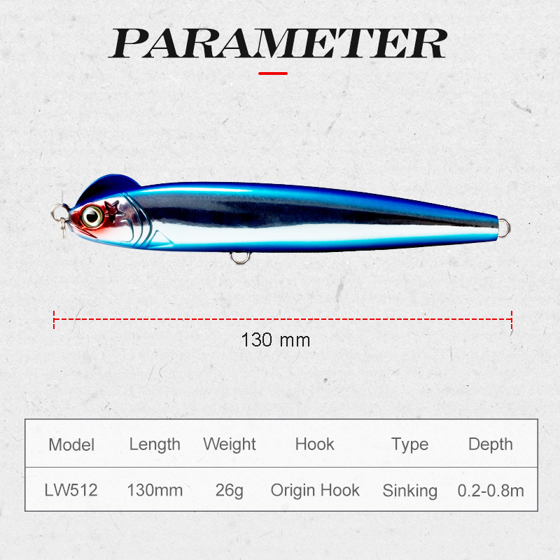 Hard Bait Artificial Pencil Lure Sea Fishing Slow-Sinking Twitch-and-Stop Action 130mm 26g for Sea Bass – Hard Lure – view 2